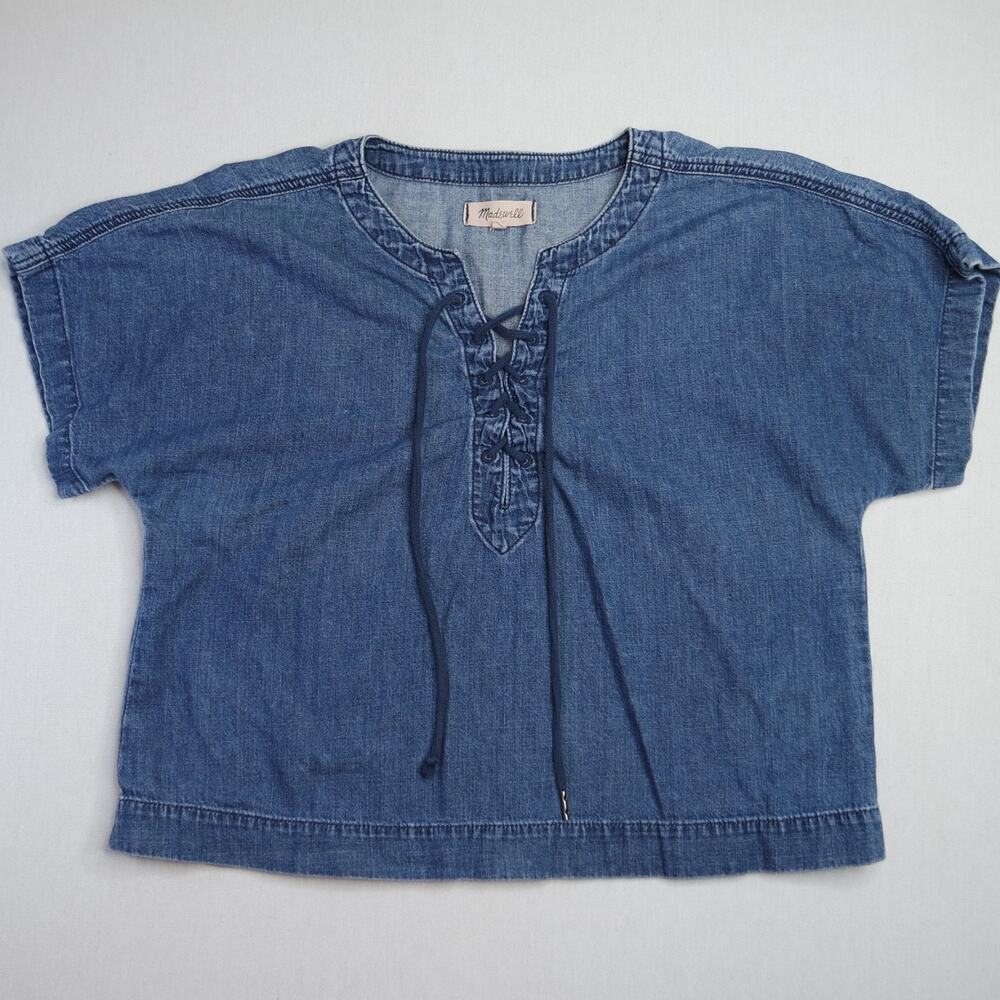 Madewell Women's Blue Denim Lace-Up Short Sleeve Casual Top Blouse Size M Boho